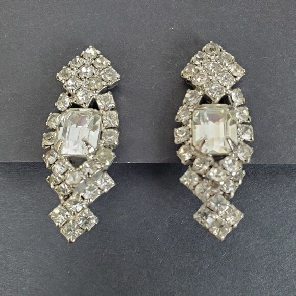 Vintage Clear Crystal Rhinestone Glass Statement Silver Tone Clip On Earrings - Picture 1 of 10